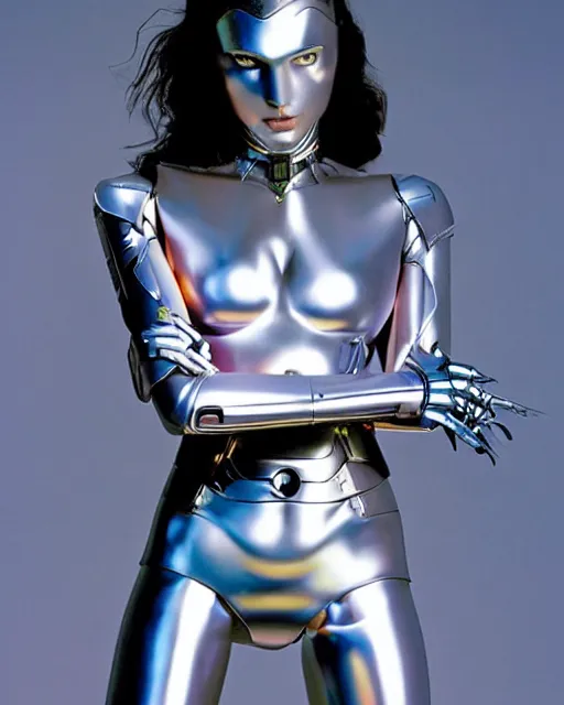 Prompt: Hajime Sorayama designed Metallic Robot Woman as Gal Gadot, Studio Lighting. Robot woman’s skin made out of reflective chrome, Full body, Hyperreal