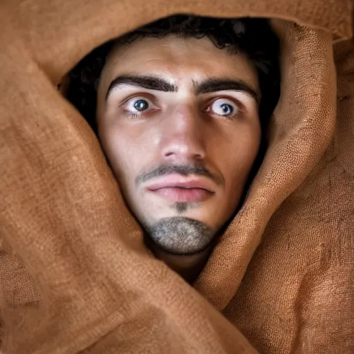 Image similar to Photograph of Surprised 25 year old man with Mediterranean features in ancient Canaanite clothing wakes up in bed, shocked looking at his sleeping wife. Interior ancient tent. 40mm lens, shallow depth of field, split lighting