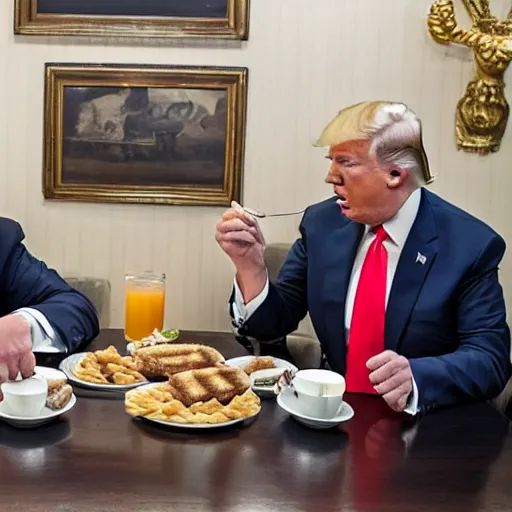 Image similar to photograph of trump and Biden sitting and eating breakfast at a Wafflehouse