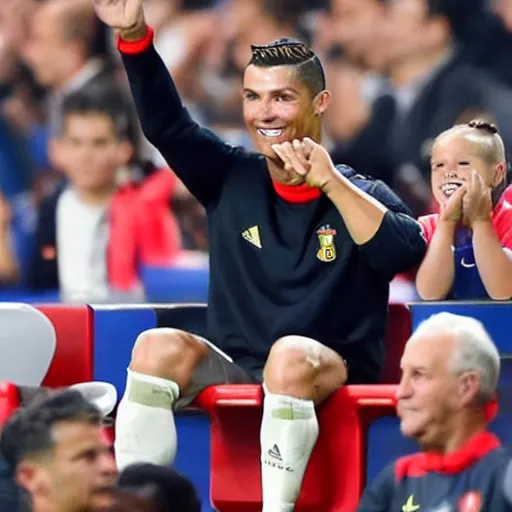 Prompt: cristiano ronaldo smiling sitting on the bench and waving his hand