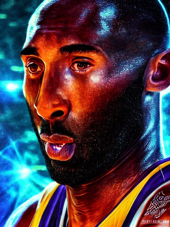 Image similar to portrait art of Kobe Bryant, 8k ultra realistic , lens flare, atmosphere, glow, detailed,intricate, full of colour, cinematic lighting, trending on artstation, 4k, hyperrealistic, focused, extreme details, unreal engine 5, cinematic, masterpiece