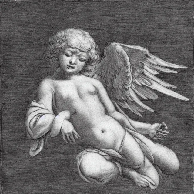 Image similar to autopsy of an angel, 18th century drawing, black and white, concept art