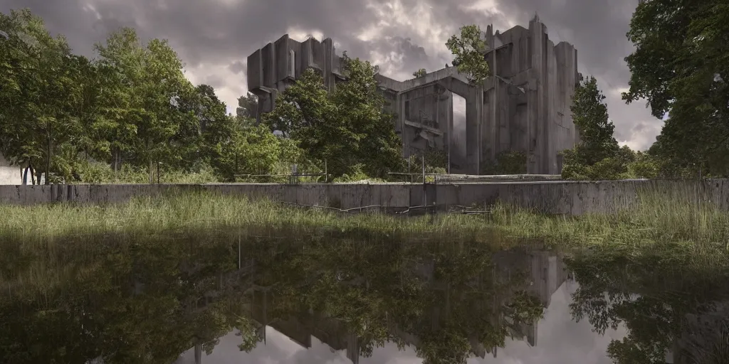 Image similar to an extremely detailed cathedral of brutalist architecture, surrounded by lush green forest, accurate reflections in murky ponds of water, stunning volumetric lighting, sunset, rusted steel, smooth concrete, stunning skies, trending on Artstation, 8k, photorealistic, hyper detailed, unreal engine 5, IMAX quality, cinematic, epic lighting, in the style of Greg Rutkowski