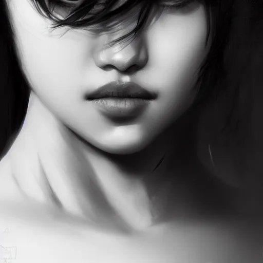 Image similar to a cute girl by ruan jia, 8 k, closeup headshot, smooth, trending on artstation, black long hair, black eyes, movie poster style