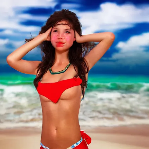 Image similar to Portrait of an extrovert cute girl posing in a bikini on the beach in the style of Mark Arian and Bell Julie, highly detailed, sharp focus, 8k render,