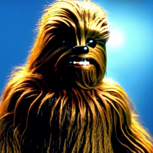 Prompt: mr. bean as chewbacca from star wars. movie still. cinematic lighting.