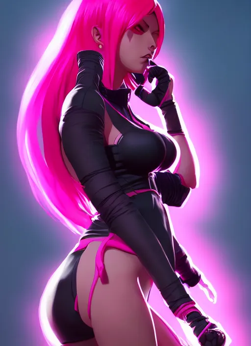 Image similar to lilith, wide angle view, neon pink and black color scheme, highly detailed, artgerm, cushart krenz, king of fighters style, trending on artstation, soft light, sharp edges, illustration, character design, concept art