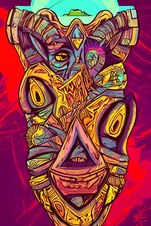 Image similar to totem animal tribal chaman vodoo mask feather gemstone plant wood rock video game illustration vivid color borderlands by josan gonzales and dan mumford radiating a glowing aura