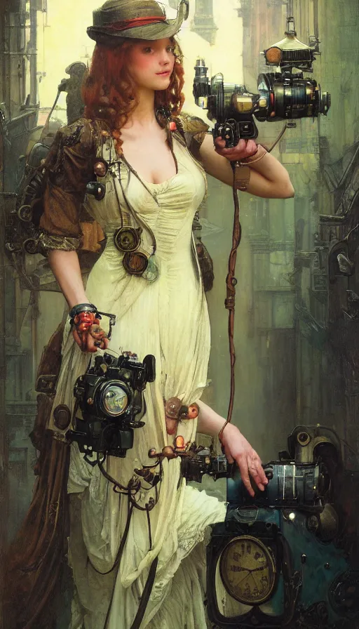 Image similar to hyper realistic photographer looking through camera towards viewer, magical, steampunk, painted by james gurney, norman rockwell, tom bagshaw, mucha, gaston bussiere, craig mullins, j. c. leyendecker 8 k