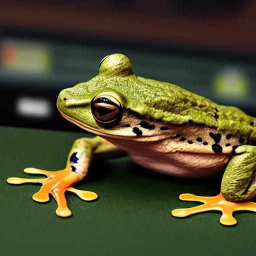 Image similar to a frog working as a software developer in an office, 8k, hyper realistic, render