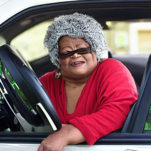 Prompt: old black woman wearing a durug driving whilst smoking a doobie