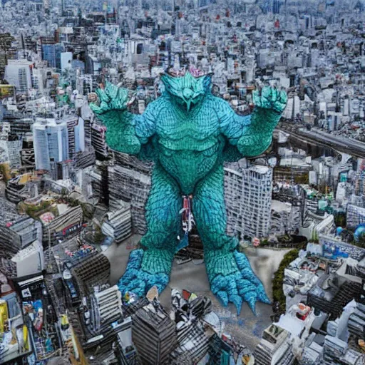 Image similar to aereal view of a giant kaiju in tokyo