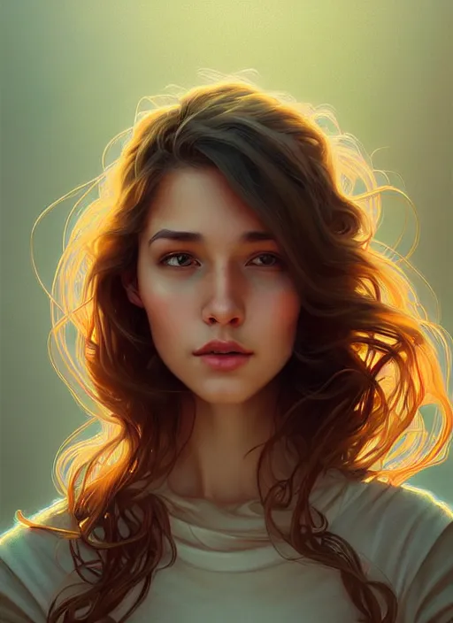 Image similar to handsome young women with shoulder length brown hair, half body shot, path traced, highly detailed, high quality, digital painting, alena aenami, lilia alvarado, shinji aramaki, karol bak, alphonse mucha, tom bagshaw