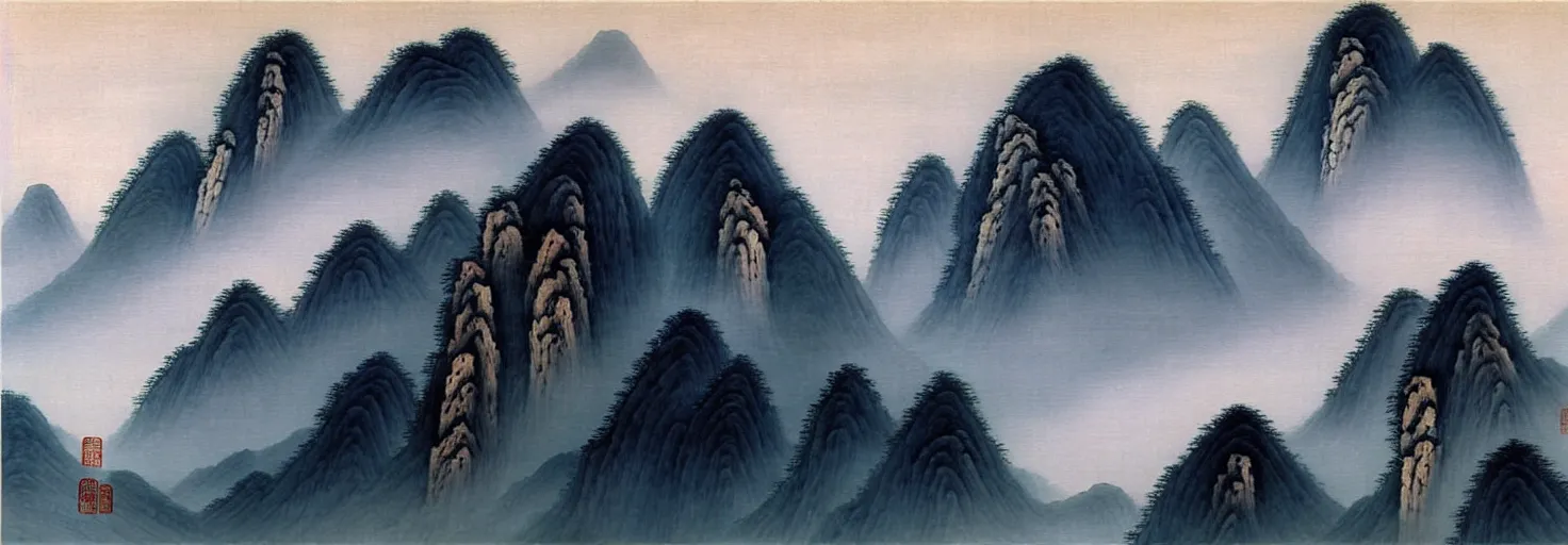 Prompt: chinese shanshui 山 水 painting of huangshan on a foggy day by shenzhou 沈 周