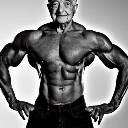 Prompt: George Soros, body builder, Muscular, Shirtless, Dynamic pose, Flexing, Full body portrait, 4k greyscale hd photography