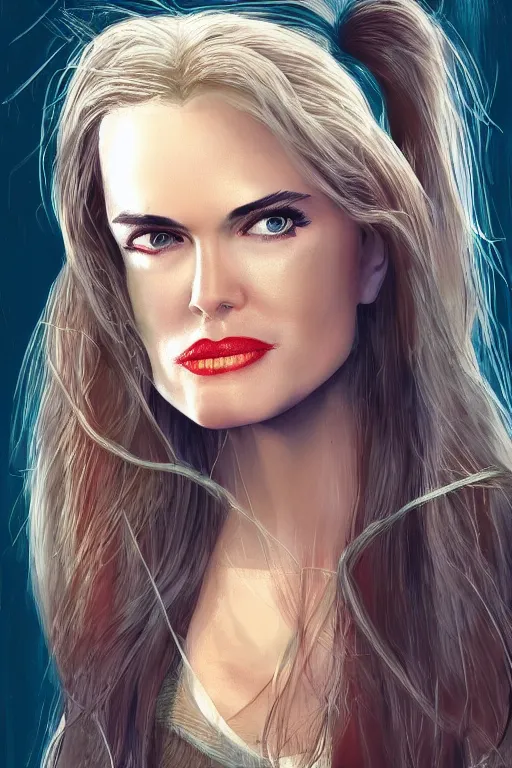 Image similar to mix of beautiful young maria shriver, mariel hemmingway, brooke shields, nicole kidman and elle macpherson as a vampire with mouth open with sharp teeth, thin lips, hair tied up in a pony tail, dark blonde hair, colorful, artstation, cgsociety