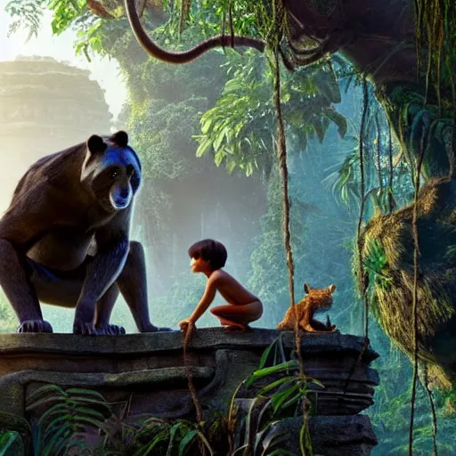 Prompt: jungle book. mowgli and balu. movie still frame. realistic photo.