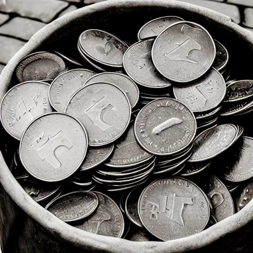 Image similar to a picture of a pile of coins in a bucket in the heavy rain, god rays, 50mm