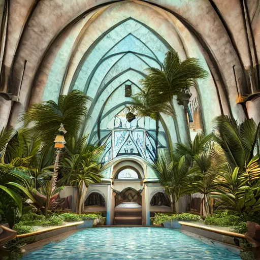 Image similar to cathedral interior with koi pond in the middle surrounded by palm trees, flowers, roses, tropical plants, and archways. photorealistic lighting rendered in octane