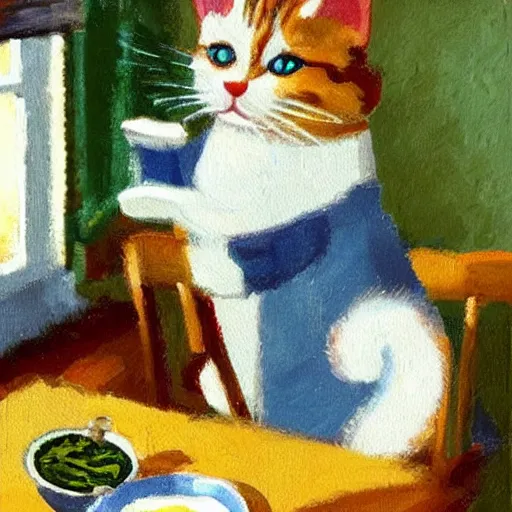 Image similar to a cute cat cooking a breakfast, impressionist painting, masterful