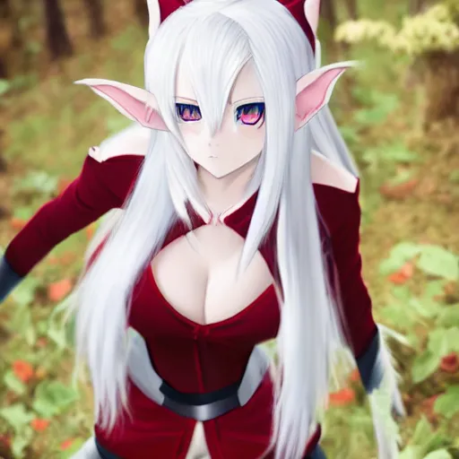 Image similar to white hair, red eyes, two small horn on the head, anime style, anime girl, elf ears