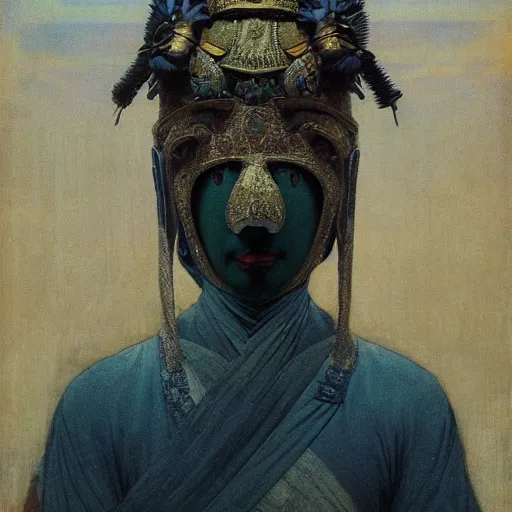 Prompt: portrait of masked Byzantine Tang Dynasty dancer on the art deco streets of the Undying Empire city of ya-Sattra during the Festival of Masks, award-winning realistic sci-fi concept art by Beksinski, Bruegel, Greg Rutkowski, Alphonse Mucha, and Yoshitaka Amano