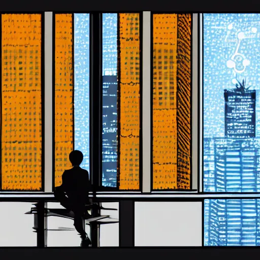 Image similar to art style based on light beams and wires is adoperated to picture a guy sitting on a window. high building. new york.