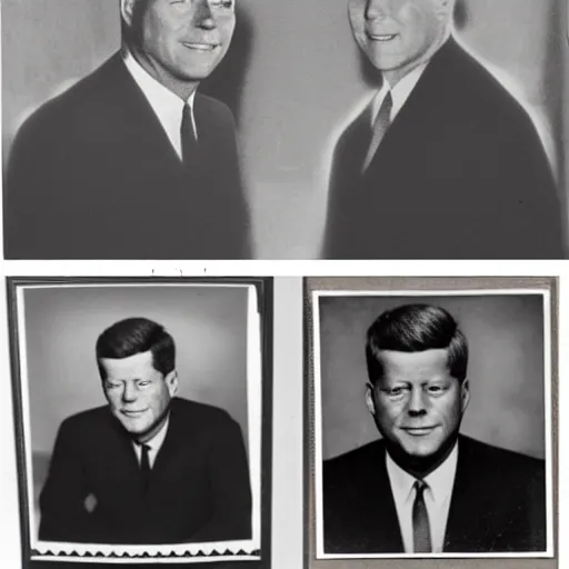 Image similar to portrait photo of bald john f kennedy and nikita kruschev next to each other, black and white, atmospheric lighting