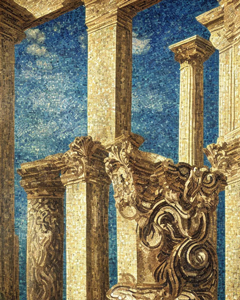 Image similar to achingly beautiful painting of intricate ancient roman corinthian capital on glowing mosaic background by rene magritte, monet, and turner. giovanni battista piranesi.