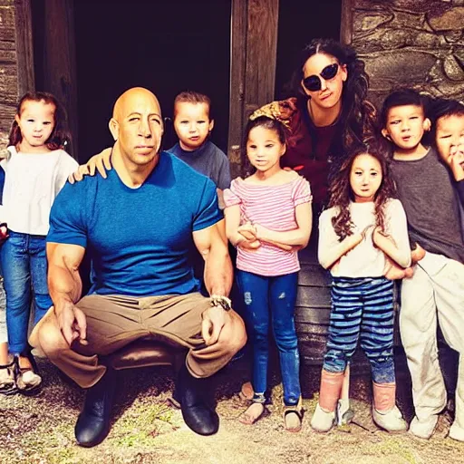 Image similar to closeup photo of vin diesel and his wife and 6 children, sunny day, village house, pastoral, happy, cinematic, art by jan urschel and neil blevins