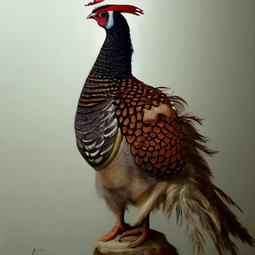 Prompt: Pheasant holding a sword, by lily seika jones , rivuletpaper art, very detailed, oil painting, harsh fairy tale, soft style, hyperrealism, beautiful, high resolution, trending on artstation, steps 50