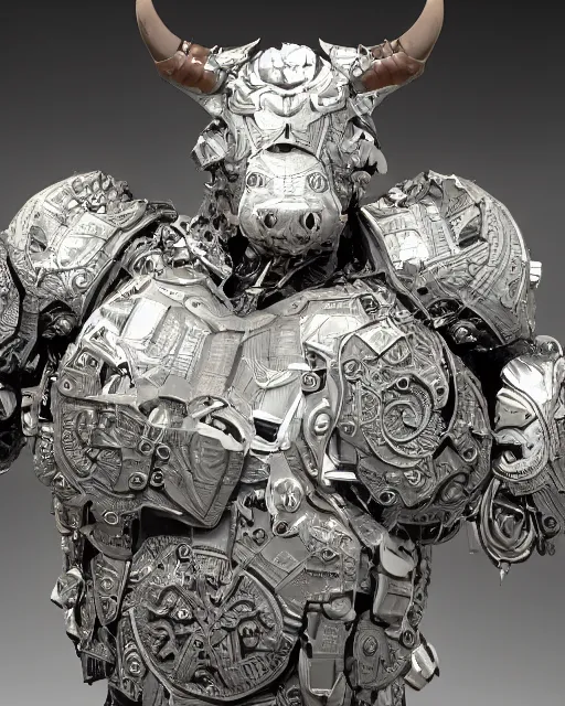 Image similar to a full body shot of an imposing cyborg bull modeled after a bull looking into the camera, contrast lighting, black skin!!!, intricate pattern, hard rubber chest, highly detailed, android, cyborg, full body shot, intricate, 3 d, symmetrical, octane render, fantasy, highly detailed, digital art, artstation, strong bokeh, black face