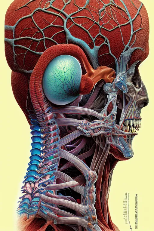 Image similar to nightmare etherreal iridescent vascular nerve bundles pearlescent spinal chord horror by Naoto Hattori, Zdzislaw, Norman Rockwell, Studio Ghibli, Anatomical cutaway