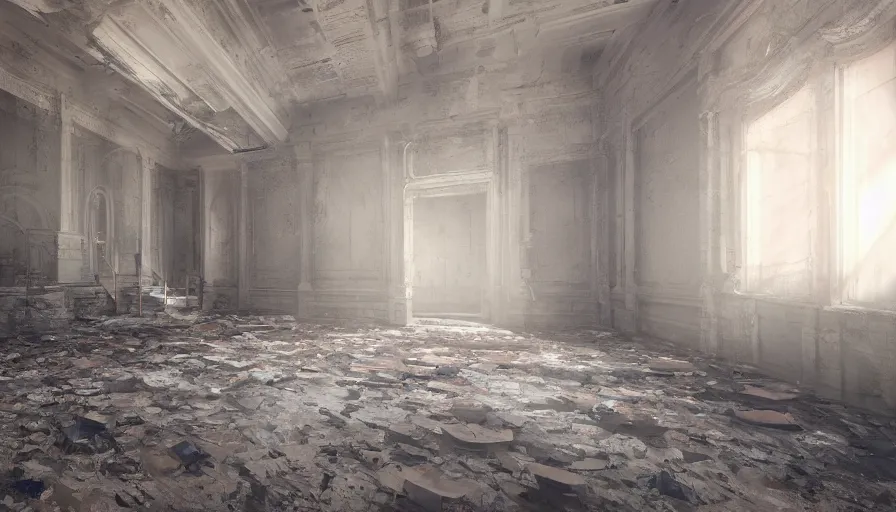 Prompt: abandoned capitol with cobwebs, dusty dirty floor, collapsed ceiling, flying dust particles, light through, hyperdetailed, artstation, cgsociety, 8 k