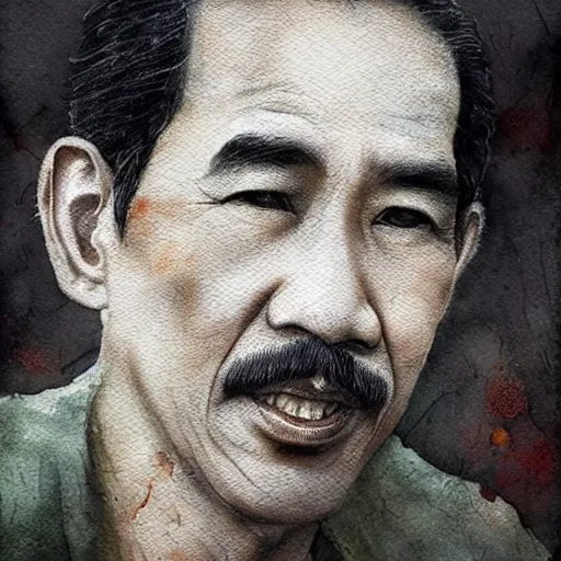 Image similar to Joko Widodo without moustache by Jean-Baptiste Monge, profile, post processing, painterly, book illustration watercolor granular splatter dripping paper texture. Trending on artstation, post processing, pen and ink work. sharp focus