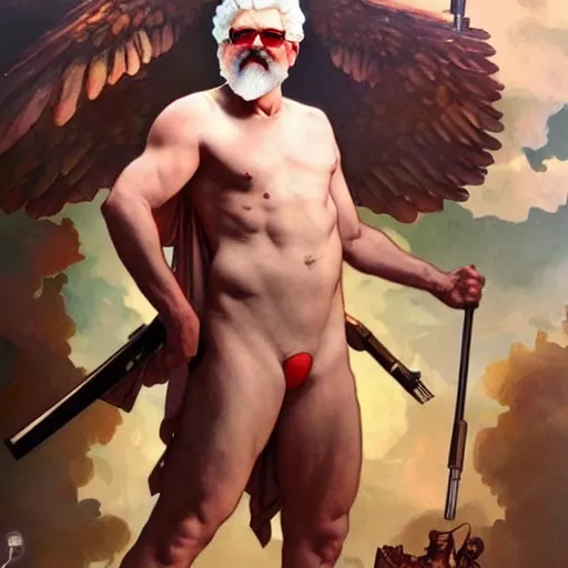 Image similar to a full body portrait of colonel sanders the greek god!! fighting in hell against a starving hillbilly!!! extremely beautiful, anatomically accurate, by artgerm and by greg rutkowski and by alphonse mucha and by simon bisley, radiant light, detailed and intricate environment,