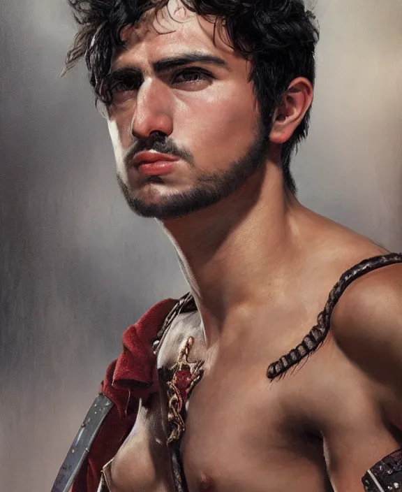 Prompt: portrait of a handsome young spanish gladiator with short black hair, art by denys tsiperko and bogdan rezunenko and franz xaver kosler, hyperrealism, fantasy art