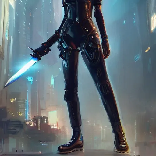 Image similar to cyberpunk girl wielding a sci - fi sword, electric energy, beautiful, getting ready to fight, heroic pose, urban motifs, intricate, elegant, highly detailed, digital painting, trending on artstation, concept art, smooth sharp focus, illustration, art by artgerm and greg rutkowski