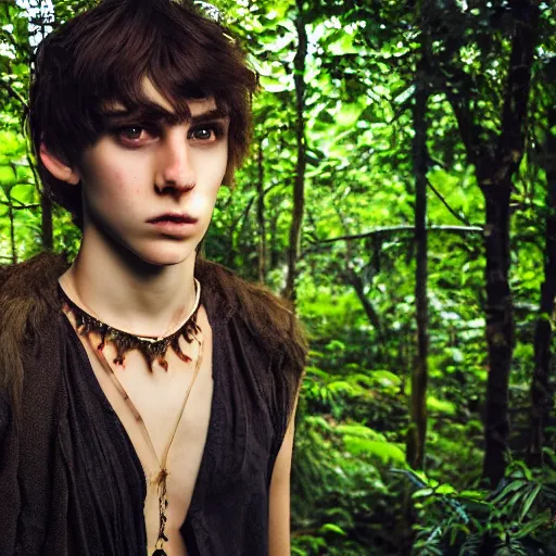 Prompt: a teenage boy, around 2 2 yo. choker necklace. natural brown hair. loincloth, pale skin. detailed face. ominous and eerie looking jungle in background. natural colors. hyperrealistic photo.