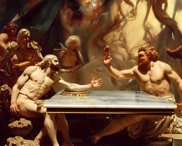 Prompt: zeus and the god jupiter argue over the fate of mankind, marble table with scrolls and papers between them, the other gods watch in horror, painting by gaston bussiere, craig mullins, j. c. leyendecker