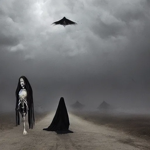 Prompt: gigantic black silk gown skeletal angel of death visiting the Village, walking among people in the opendoor market, people panicking,megalophobia, horror, fog, foster, highly detailed, one house, fear, dark inside, dark mammatus cloud,hyper realistic, atmospheric lighting, beksinski