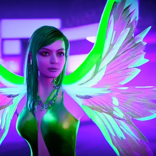 Image similar to neon fluorescent, iridescent young ornella muti with fairy wings cyperpunk 2 0 7 7, unreal engine 5, 8 k ultra realistic, hyperdetailed, volumetric lighting, extremely high quality