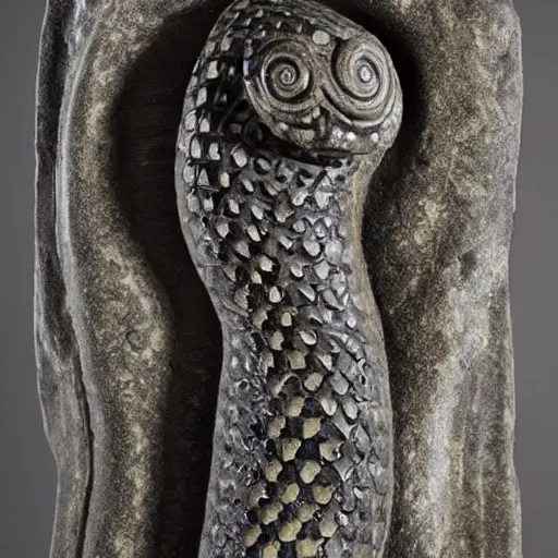 Image similar to serpent king : : grubby, volatile, highly detailed, maximalist : : obsidian carving : : shadows, visual depth, memorial, tomb : :