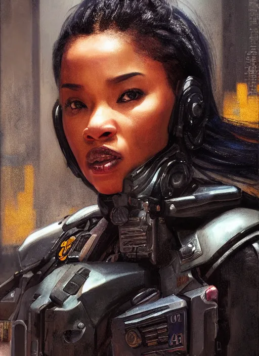 Prompt: black chun li. cyberpunk police trooper in a military vest ( blade runner 2 0 4 9, cyberpunk 2 0 7 7 ). orientalist portrait by john william waterhouse and james gurney and theodore ralli and nasreddine dinet, oil on canvas. cinematic, hyper realism, realistic proportions, dramatic lighting, high detail 4 k