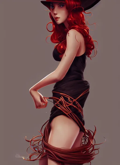 Image similar to a highly detailed illustration of tall beautiful red haired lady wearing black spaghetti strap dress and sun hat, elegant pose, perfect face, perfect body, perfect eyes, intricate, elegant, highly detailed, centered, digital painting, artstation, concept art, smooth, sharp focus, league of legends concept art, wlop.
