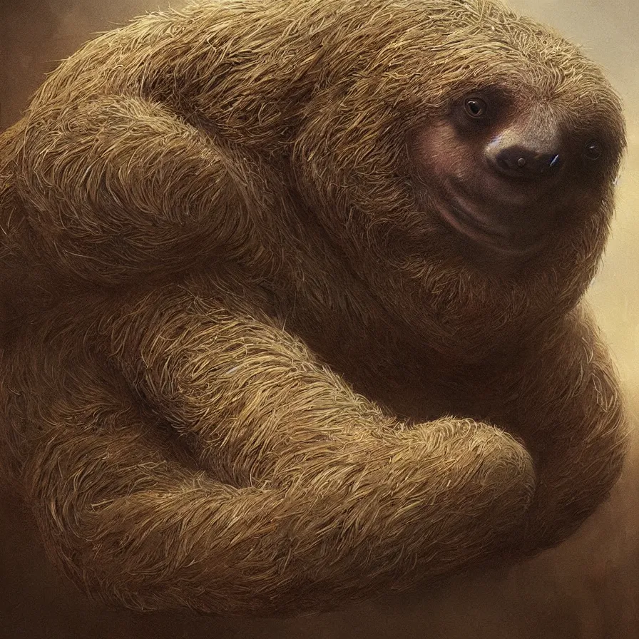 Prompt: close portrait of a sloth, high detail, dramatic light, digital art, painted by greg rutkowski, painted by seb mckinnon, trending on artstation
