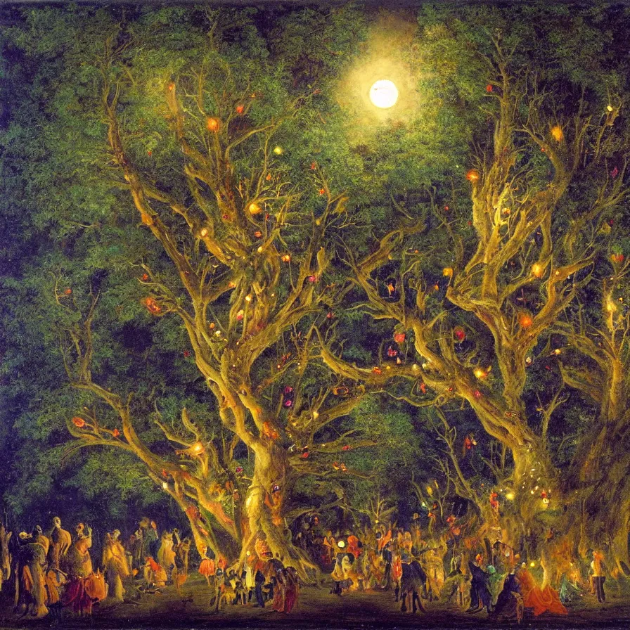 Image similar to a night carnival around a magical tree cavity, with a surreal orange moonlight and fireworks in the background, next to a lake with iridiscent water, christmas lights, folklore animals and people disguised as fantastic creatures in a magical forest by summer night, masterpiece painted by rogelio de egusquiza, dark night environment