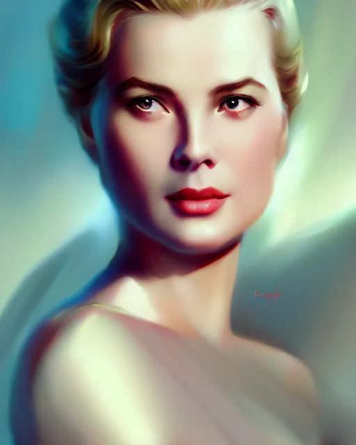 Image similar to photo of grace kelly, film still, dslr, by greg rutkowski, enoch bolles, ross tran, artgerm, wlop glossy skin, pearlescent, very coherent, cute