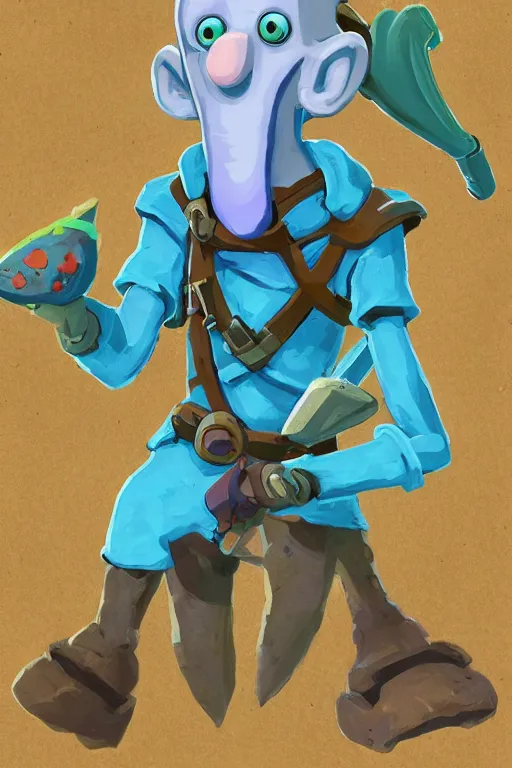 Image similar to an in game portrait of squidward from the legend of zelda breath of the wild, breath of the wild art style.