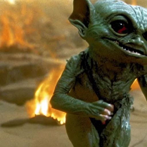 Prompt: a film still of gremlin being burned in star wars realistic, detailed